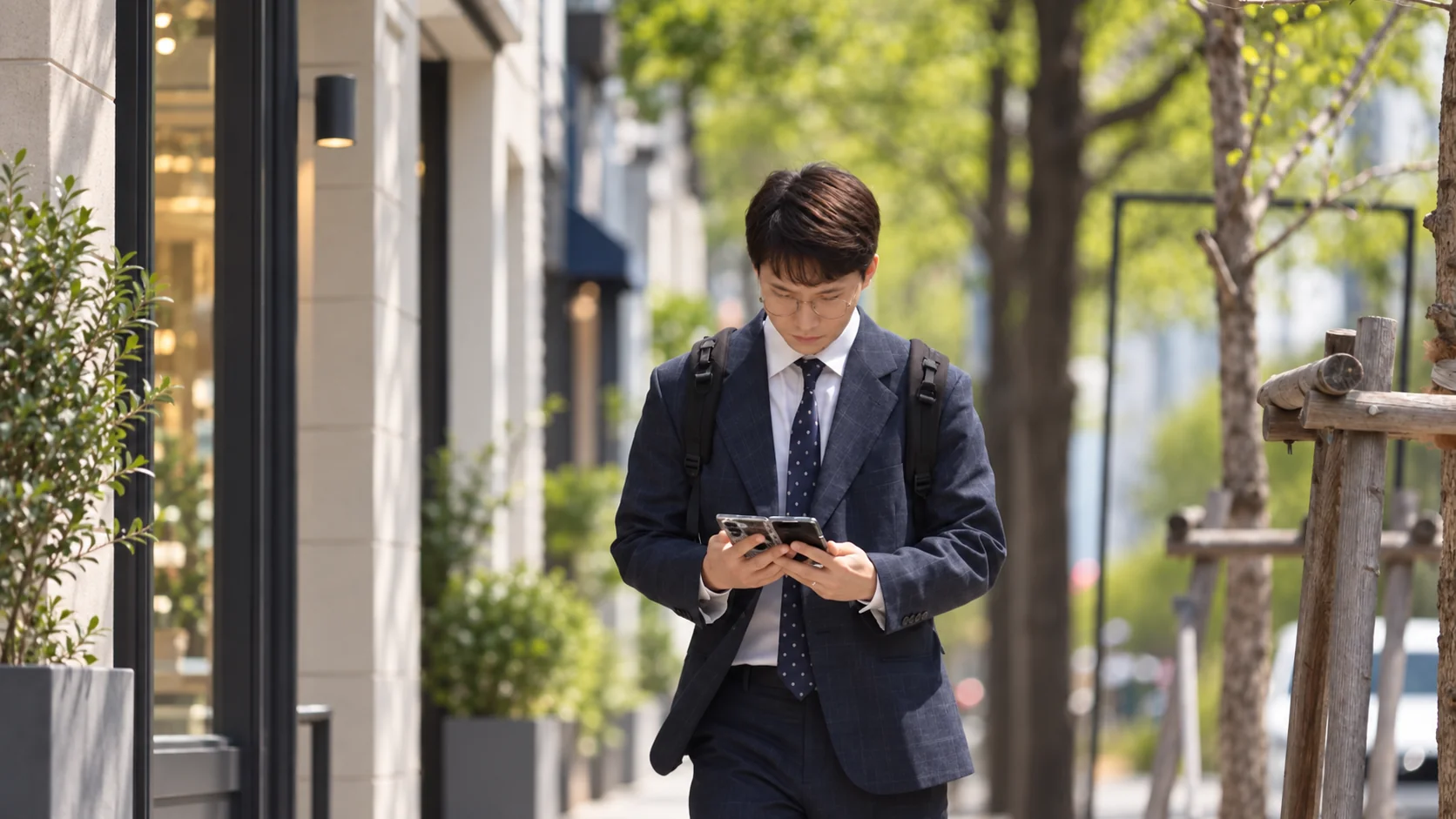 이동 중 스마트폰을 사용하는 임현서 변호사